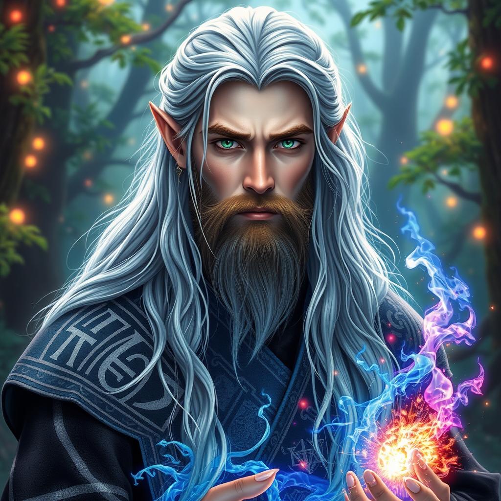 A captivating 25-year-old half-elf male wizard with a well-groomed beard, showcasing the blend of elven elegance and human ruggedness