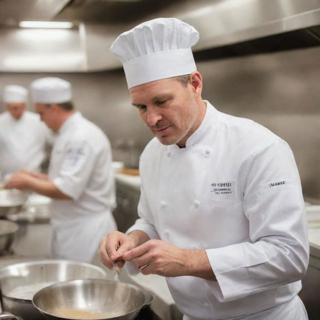 A professional chef, wearing a crisp white uniform, chefs hat, and an apron, holding a silver ladle in a bustling kitchen.