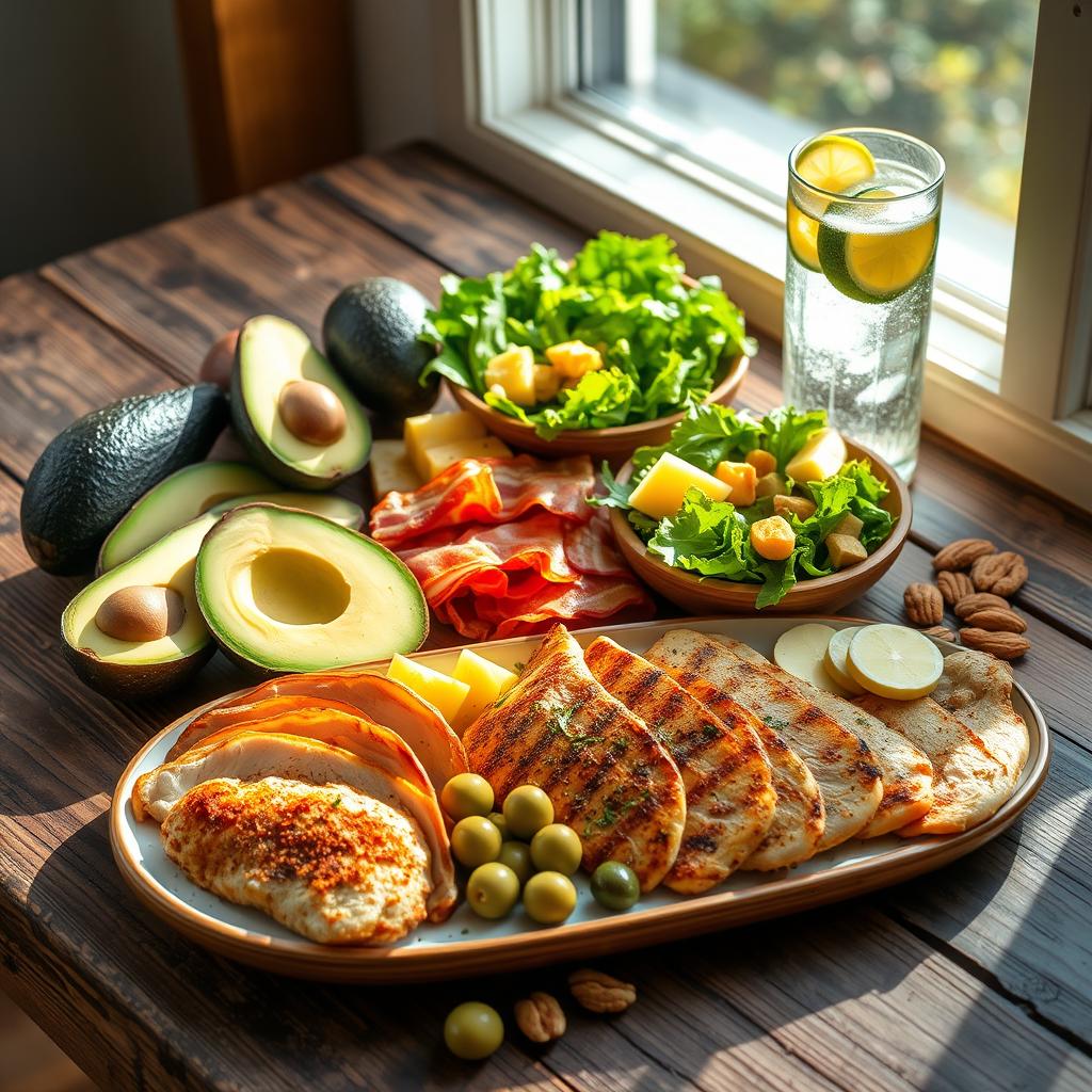 A vibrant and colorful arrangement of ketogenic diet foods on a rustic wooden table