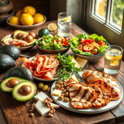 A vibrant and colorful arrangement of ketogenic diet foods on a rustic wooden table