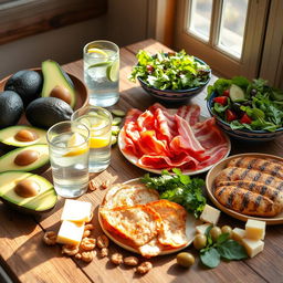 A vibrant and colorful arrangement of ketogenic diet foods on a rustic wooden table