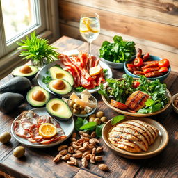 A vibrant and colorful arrangement of ketogenic diet foods on a rustic wooden table