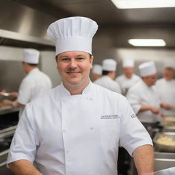 A professional chef, wearing a crisp white uniform, chefs hat, and an apron, holding a silver ladle in a bustling kitchen.