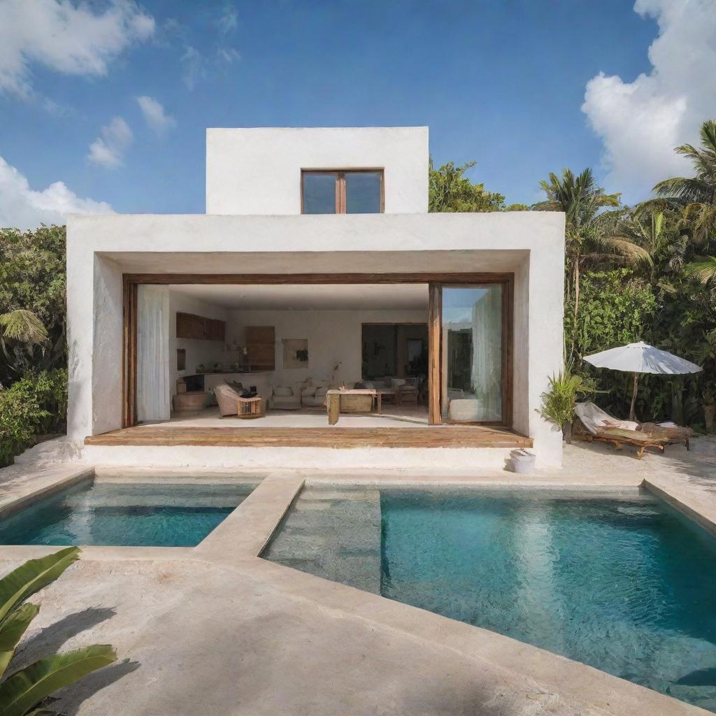 A small modern beach house with a front pool, capturing Tulum's bohemian vibe. The house is not white, but features earth-toned colors, and offers gorgeous beach and ocean views.