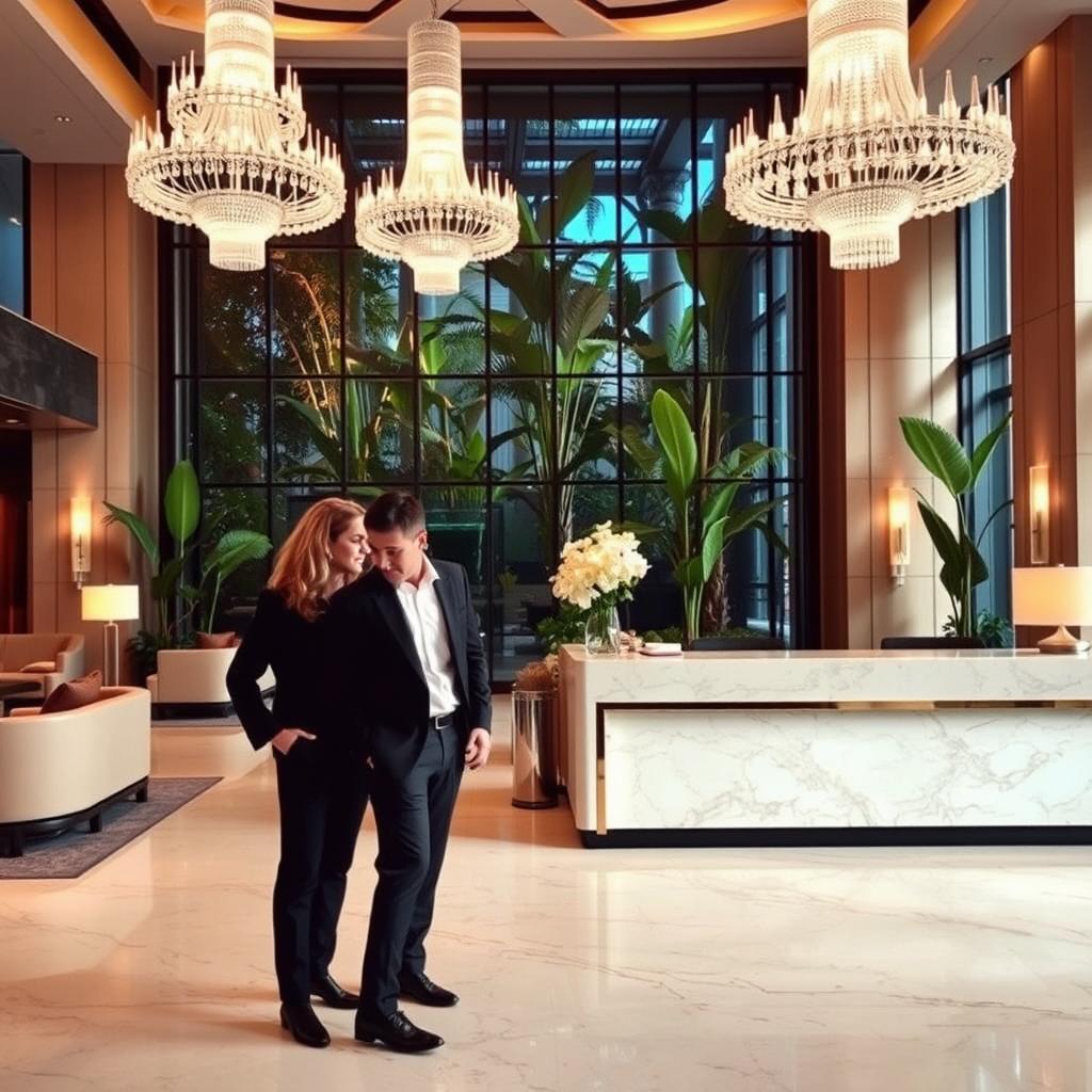 A luxurious hotel lobby featuring elegant decor, high ceilings adorned with crystal chandeliers, and plush seating arrangements