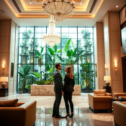 A luxurious hotel lobby featuring elegant decor, high ceilings adorned with crystal chandeliers, and plush seating arrangements