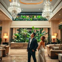 A luxurious hotel lobby featuring elegant decor, high ceilings adorned with crystal chandeliers, and plush seating arrangements