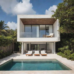 A small modern beach house with a front pool, capturing Tulum's bohemian vibe. The house is not white, but features earth-toned colors, and offers gorgeous beach and ocean views.