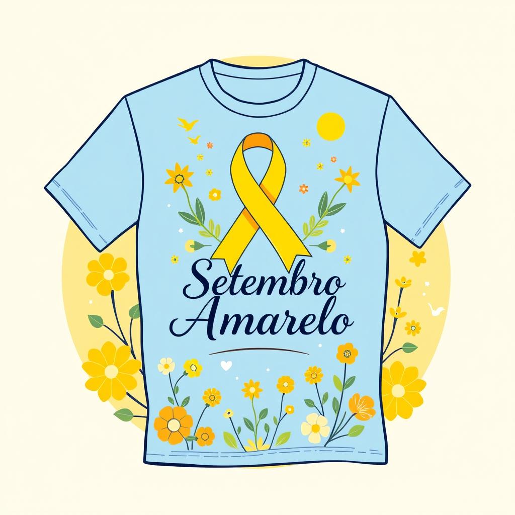 A vibrant and uplifting design for a t-shirt dedicated to the Yellow September campaign, featuring symbols of hope and mental health awareness