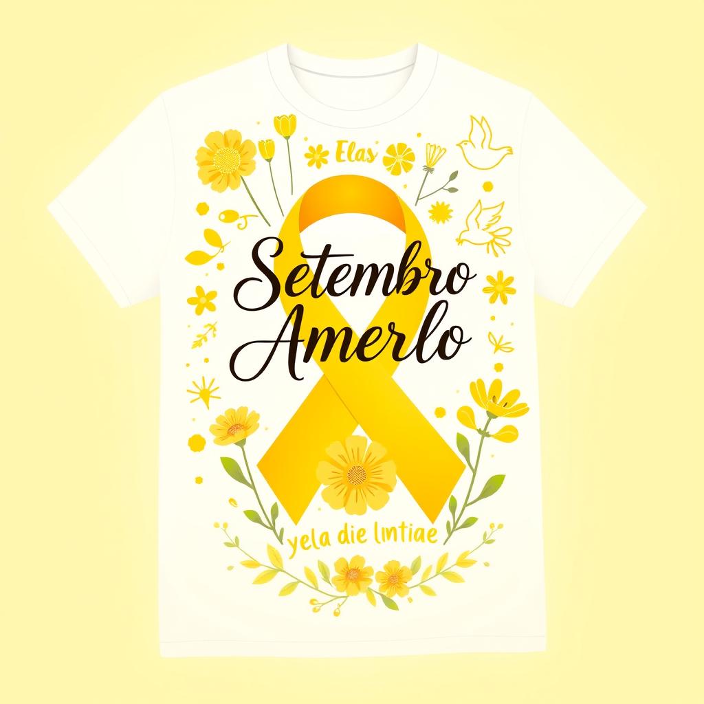 A vibrant and uplifting design for a t-shirt dedicated to the Yellow September campaign, featuring symbols of hope and mental health awareness