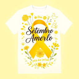 A vibrant and uplifting design for a t-shirt dedicated to the Yellow September campaign, featuring symbols of hope and mental health awareness