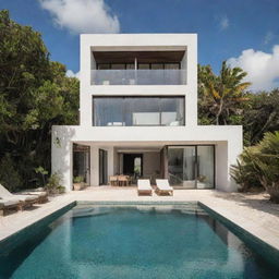 A small modern beach house with a front pool, capturing Tulum's bohemian vibe. The house is not white, but features earth-toned colors, and offers gorgeous beach and ocean views.