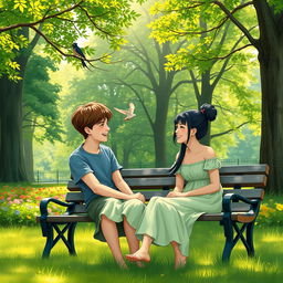 A serene scene depicting two friends sitting on a park bench, engaged in a joyful conversation