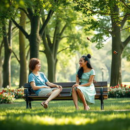 A serene scene depicting two friends sitting on a park bench, engaged in a joyful conversation