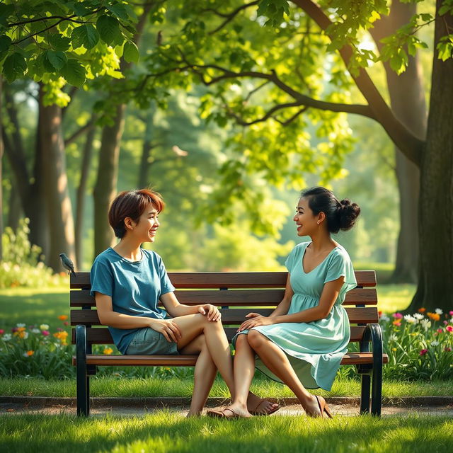 A serene scene depicting two friends sitting on a park bench, engaged in a joyful conversation