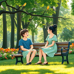 A serene scene depicting two friends sitting on a park bench, engaged in a joyful conversation