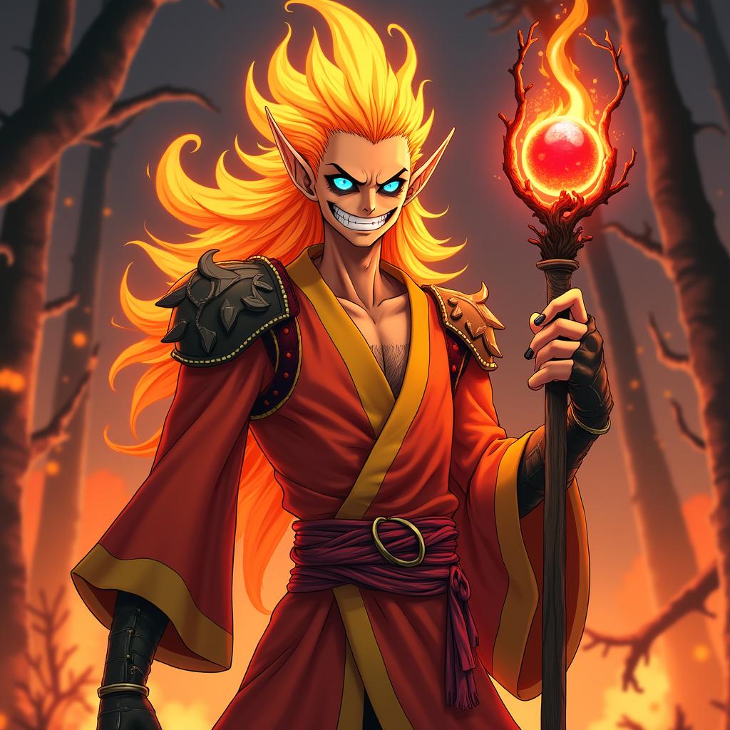 An anime character designed in the distinctive style of One Piece, presenting an orange-skinned Fire Genasi man with long, illuminating, flaming ginger hair that seems to burn with energy