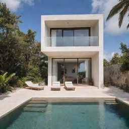 A small modern beach house with a front pool, capturing Tulum's bohemian vibe. The house is not white, but features earth-toned colors, and offers gorgeous beach and ocean views.