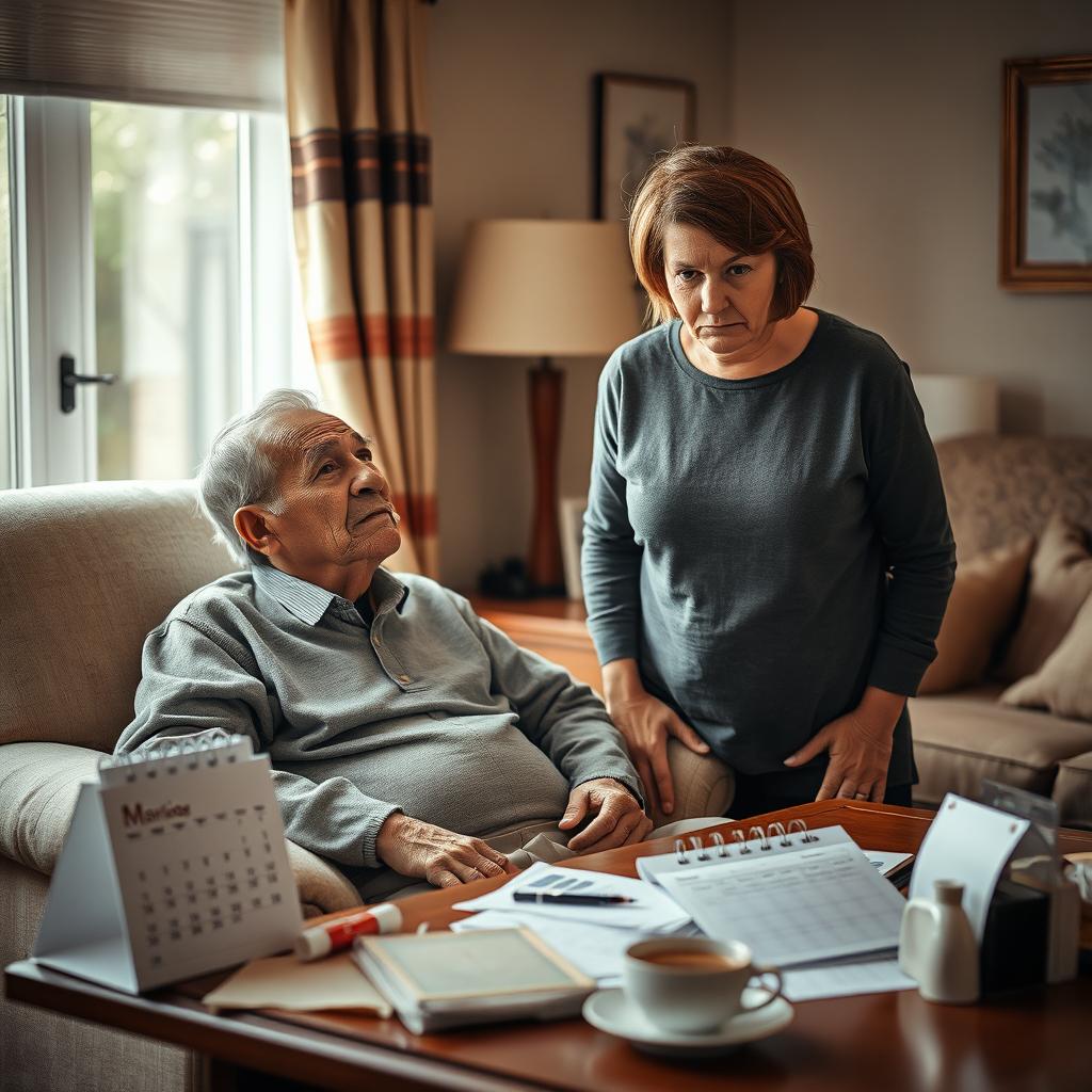 An evocative scene depicting a caregiver, a middle-aged person, who looks visibly stressed while attending to an elderly individual in a warmly decorated living room