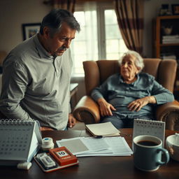 An evocative scene depicting a caregiver, a middle-aged person, who looks visibly stressed while attending to an elderly individual in a warmly decorated living room