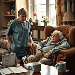 An evocative scene depicting a caregiver, a middle-aged person, who looks visibly stressed while attending to an elderly individual in a warmly decorated living room