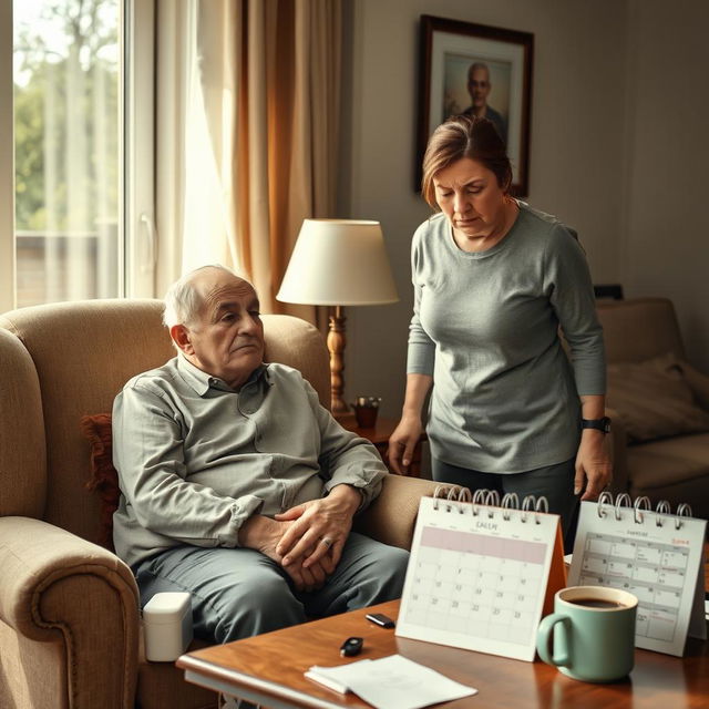 An evocative scene depicting a caregiver, a middle-aged person, who looks visibly stressed while attending to an elderly individual in a warmly decorated living room