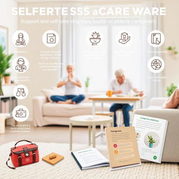 An informative yet visually appealing composition illustrating support and resources for self-care in maintaining the health of elderly caregivers