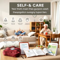 An informative yet visually appealing composition illustrating support and resources for self-care in maintaining the health of elderly caregivers