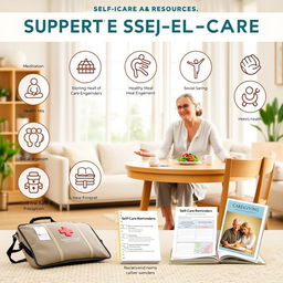 An informative yet visually appealing composition illustrating support and resources for self-care in maintaining the health of elderly caregivers