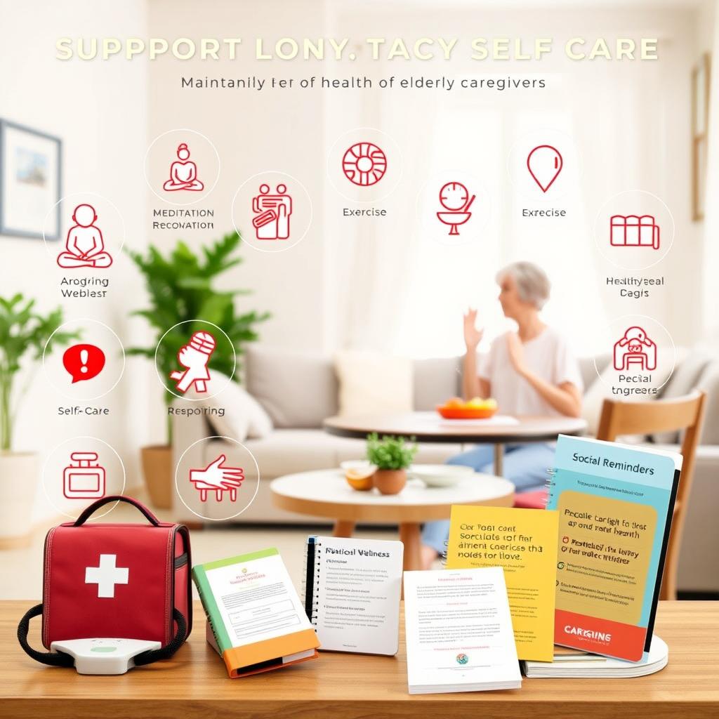 An informative yet visually appealing composition illustrating support and resources for self-care in maintaining the health of elderly caregivers