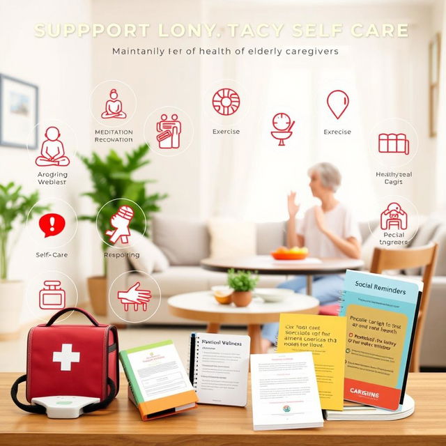 An informative yet visually appealing composition illustrating support and resources for self-care in maintaining the health of elderly caregivers