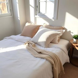 A beautifully arranged bedroom featuring fresh, clean bed sheets with a light pastel color scheme