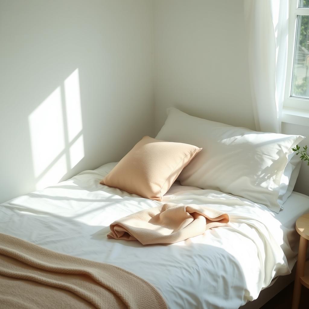 A beautifully arranged bedroom featuring fresh, clean bed sheets with a light pastel color scheme