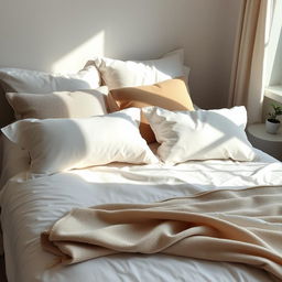 A beautifully arranged bedroom featuring fresh, clean bed sheets with a light pastel color scheme