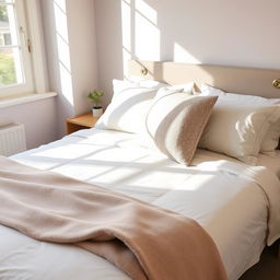 A beautifully arranged bedroom featuring fresh, clean bed sheets with a light pastel color scheme