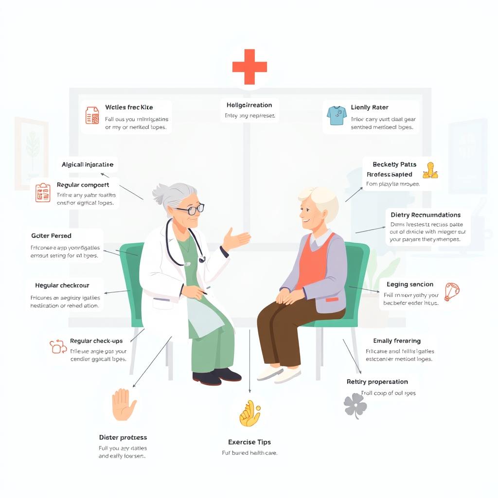 An educational and visually engaging illustration depicting medical guidelines for elderly care, presented in a clear and organized infographic format