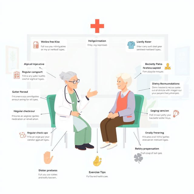 An educational and visually engaging illustration depicting medical guidelines for elderly care, presented in a clear and organized infographic format