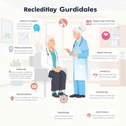 An educational and visually engaging illustration depicting medical guidelines for elderly care, presented in a clear and organized infographic format