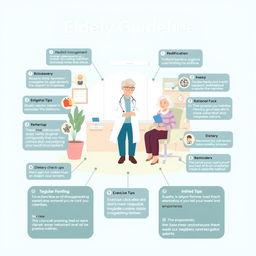 An educational and visually engaging illustration depicting medical guidelines for elderly care, presented in a clear and organized infographic format