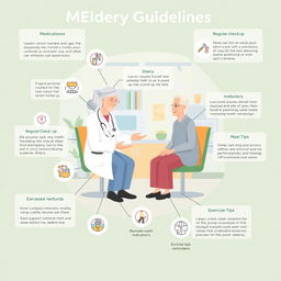 An educational and visually engaging illustration depicting medical guidelines for elderly care, presented in a clear and organized infographic format