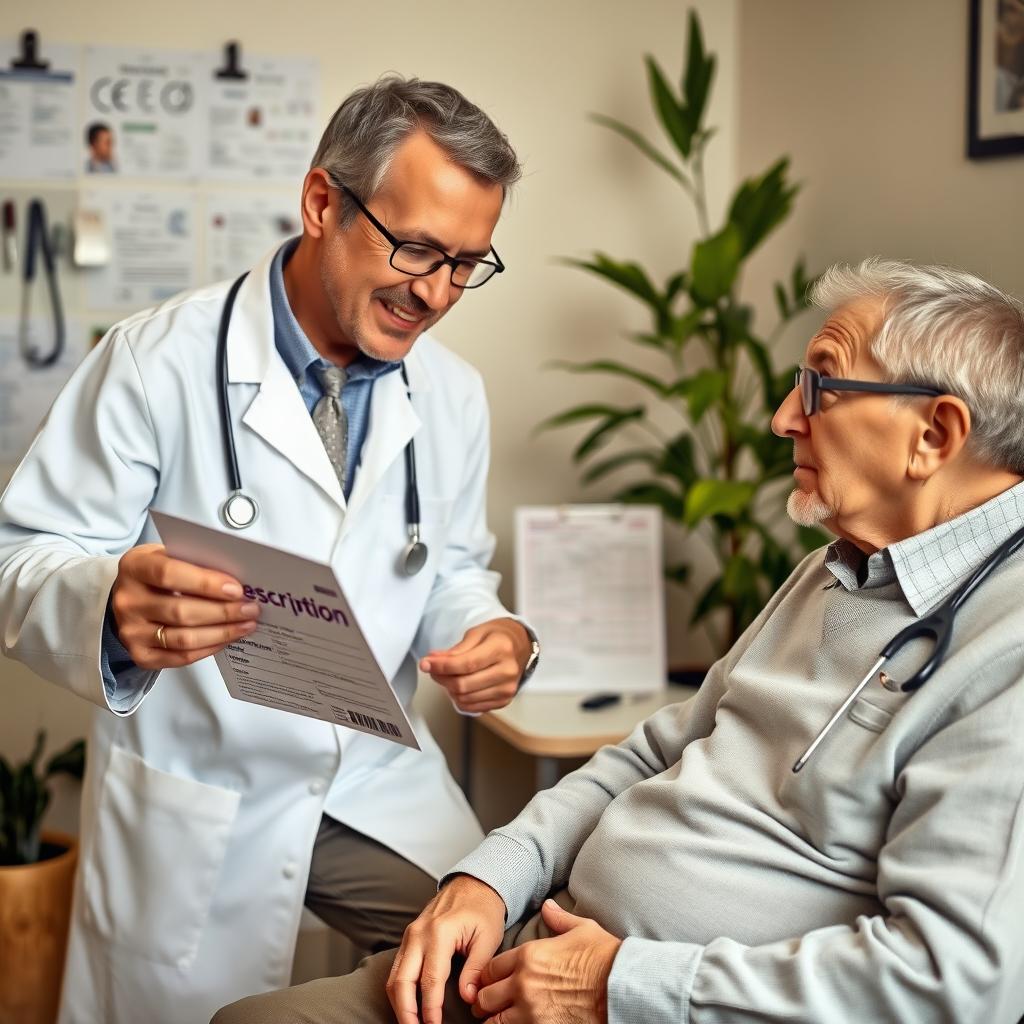 A warm and engaging scene of a doctor explaining a prescription to an elderly patient in a comfortable clinic setting