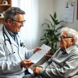 A warm and engaging scene of a doctor explaining a prescription to an elderly patient in a comfortable clinic setting