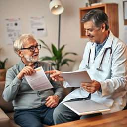 A warm and engaging scene of a doctor explaining a prescription to an elderly patient in a comfortable clinic setting