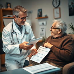 A warm and engaging scene of a doctor explaining a prescription to an elderly patient in a comfortable clinic setting