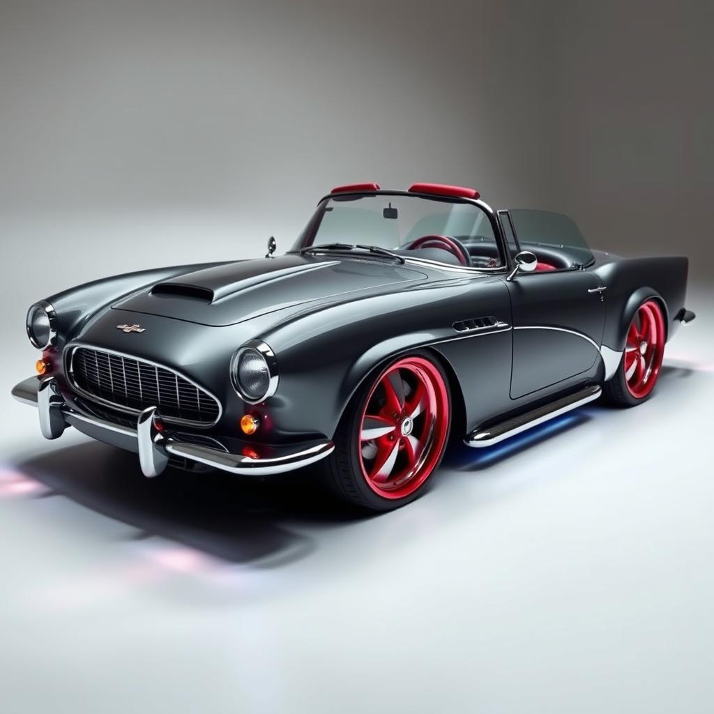 A stunning 1950s convertible car with custom modifications, beautifully blending elements of an Aston Martin DB5 and a Chevrolet Corvette