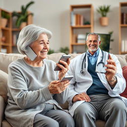 A heartwarming scene of a doctor and an elderly patient conversing over the phone