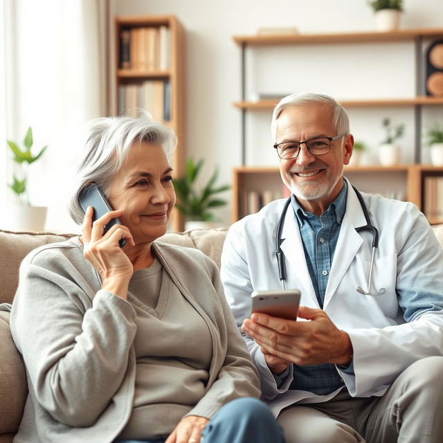 A heartwarming scene of a doctor and an elderly patient conversing over the phone