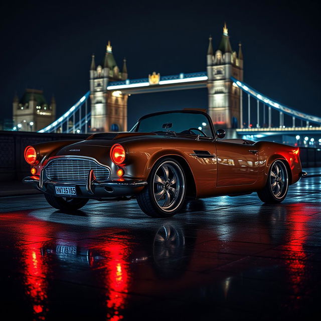 A stunning 1950s convertible car, artfully modified to blend the luxurious features of an Aston Martin DB5 with the sporty essence of a Chevrolet Corvette