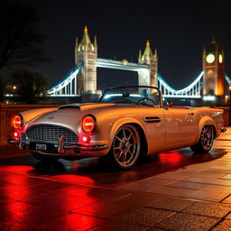 A stunning 1950s convertible car, artfully modified to blend the luxurious features of an Aston Martin DB5 with the sporty essence of a Chevrolet Corvette