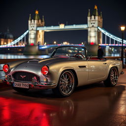 A stunning 1950s convertible car, artfully modified to blend the luxurious features of an Aston Martin DB5 with the sporty essence of a Chevrolet Corvette